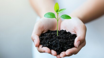Woman's hands holding young plant, soil, growth, nature, sustainable future, environmental concept