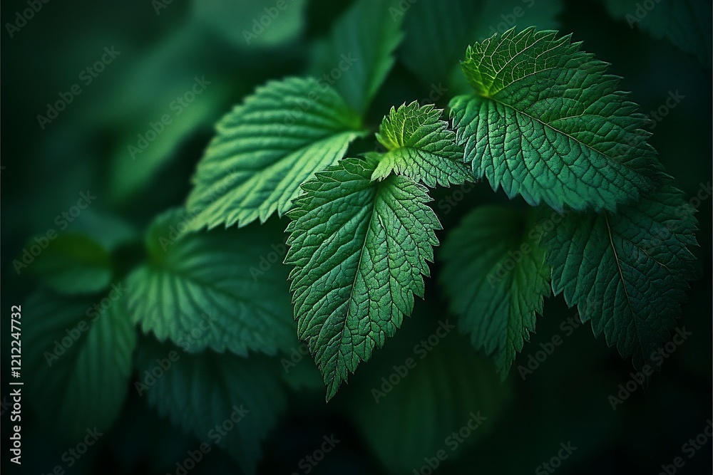 Sticker Lush green leaves with detailed texture and vein patterns, close-up shot in low light.