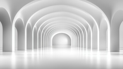 Fototapeta premium White arched hallway interior design, bright space, perspective, architecture, background for presentations