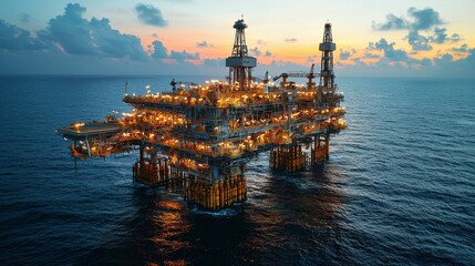 A breathtaking sunset sky behind an offshore oil drilling platform near Orange County, California, with rich colors of red, orange, and yellow reflecting off the ocean waves.