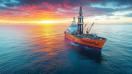 Fototapeta premium The colorful sunset sky over the Pacific Ocean, with an offshore oil drilling rig off the coast of Orange County, California, framed by fiery reds and purples as night approaches.