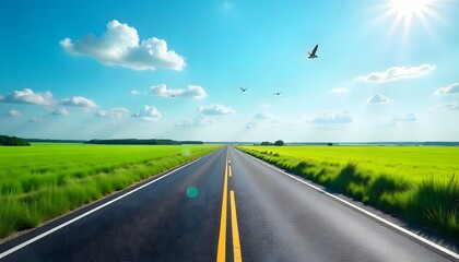 A long asphalt road stretching into the horizon, surrounded by green fields and a bright blue sky