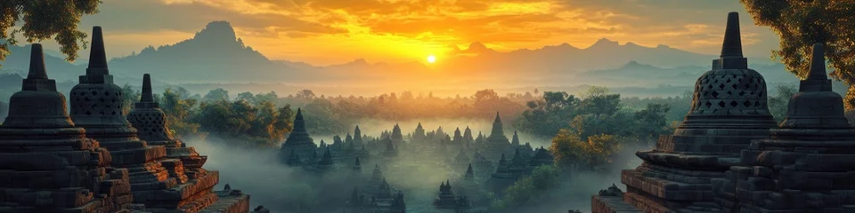 Mystical Borobudur Temples, ancient stone carvings enveloped in mist, golden sunrise illuminating the sacred ruins, enchanting atmosphere