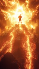 Obraz premium Silhouette of a figure atop a fiery volcanic peak, against a blazing sky. Epic and dramatic.