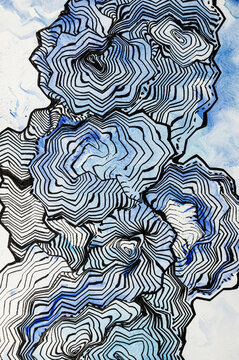 Abstract line work, drawing with sharp edges with pen and ink. The dabbing technique near the edges gives a soft focus effect due to the altered surface roughness of the paper.