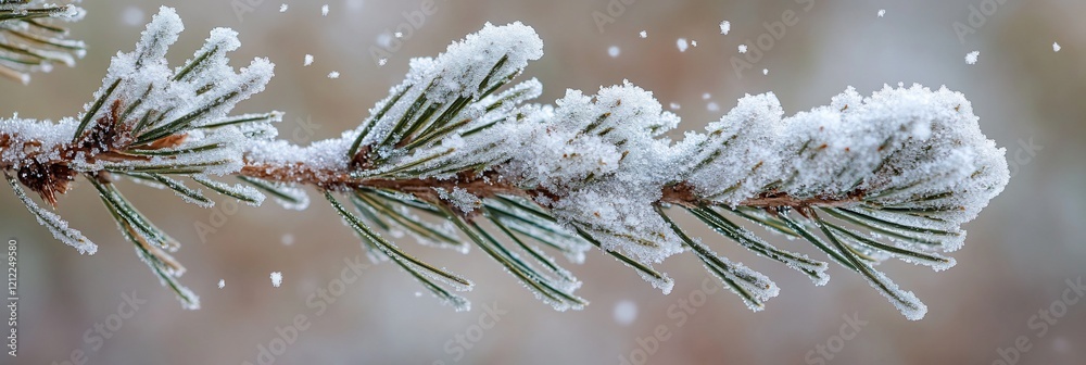 Aufkleber Snow-covered pine branch with falling snow.
