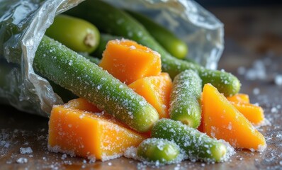 Fresh green vegetables and orange fruit