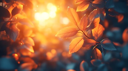 Fototapeta premium Golden Autumn Leaves Illuminated by Sunset Light
