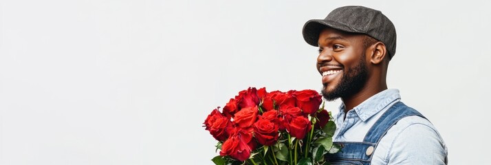 Smiling African American courier with bouquet of roses on white background Copy space. Valentine's Day