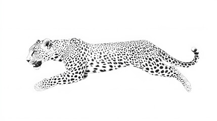 Naklejka premium Leopard running at full speed black and white illustration isolated on white background 