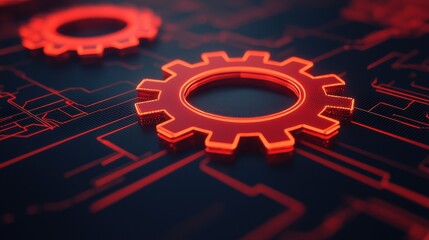 Digital Transformation Business Model Innovation concept. Glowing Gear System with Digital Circuitry in Abstract Design