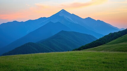 Obraz premium carbon dioxide climate monitoring concept. Majestic mountains silhouetted against a colorful sunset with lush green foreground.