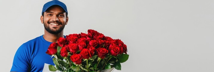 Smiling indian courier in blue t-shirt and cap holding bouquet of roses on white background. copy space
