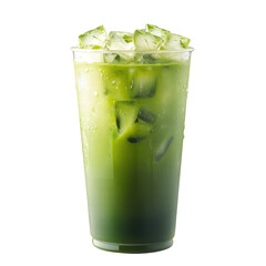 Isolated iced matcha latte in clear plastic cup