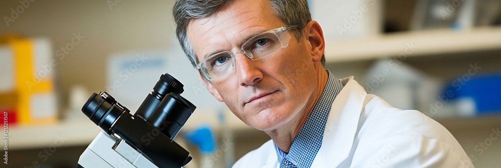 Aufkleber serious scientist in lab coat using a microscope.