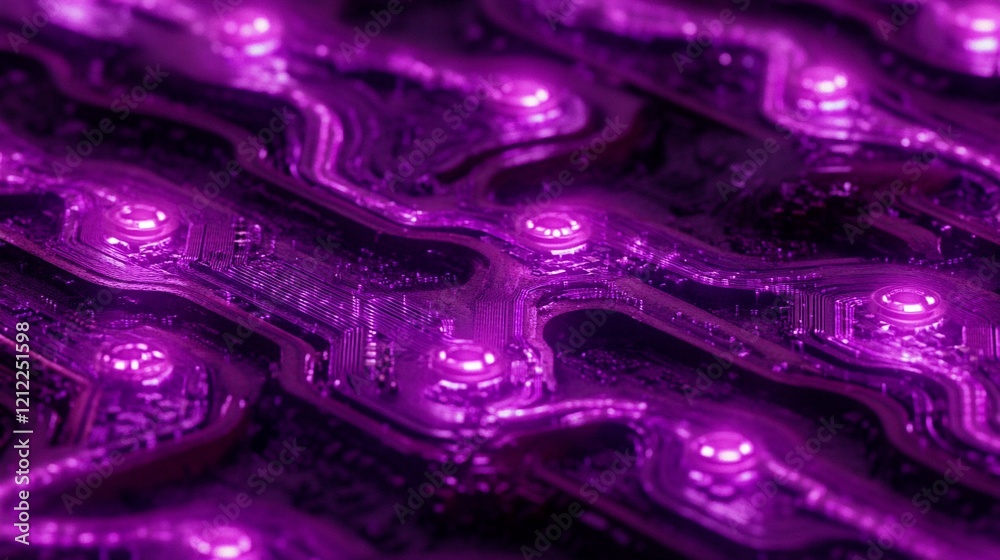 Poster close-up of a purple circuit board with glowing components.