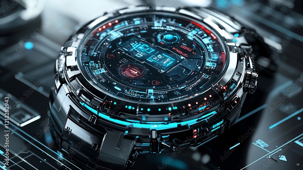 Aufkleber futuristic smartwatch with digital display and metallic casing.