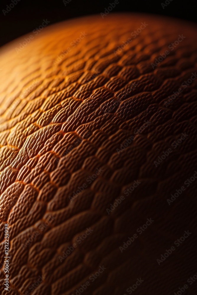 Poster Close-up of a textured, orange, spherical surface with a pattern resembling scales or hexagons, lit from the side.