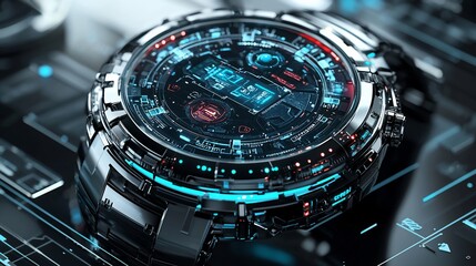 Futuristic smartwatch with digital display and metallic casing.