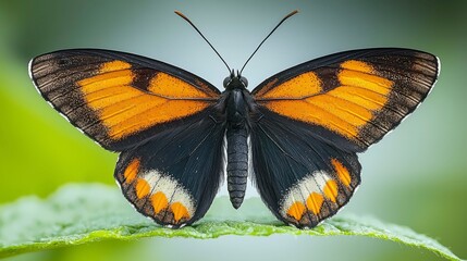 Fototapeta premium A close-up of a black butterfly with vibrant orange patterns on its wings, contrasting against the green leaves and soft light of the outdoor environment.