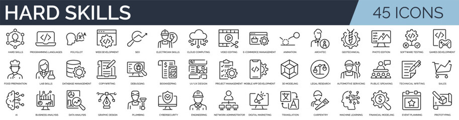 Fototapeta premium Set of 45 outline icons related to hard skills. Linear icon collection. Editable stroke. Vector illustration 