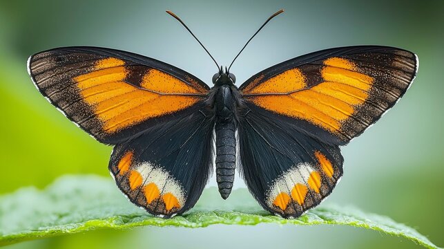 A close-up of a black butterfly with vibrant orange patterns on its wings, contrasting against the green leaves and soft light of the outdoor environment.