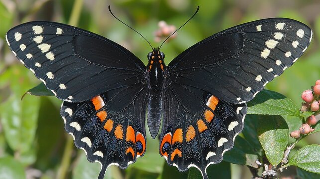 A close-up of a black butterfly with vibrant orange patterns on its wings, contrasting against the green leaves and soft light of the outdoor environment.