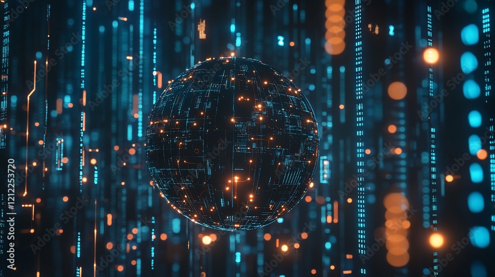 Poster Abstract digital sphere glowing with orange and blue lights amidst data streams.