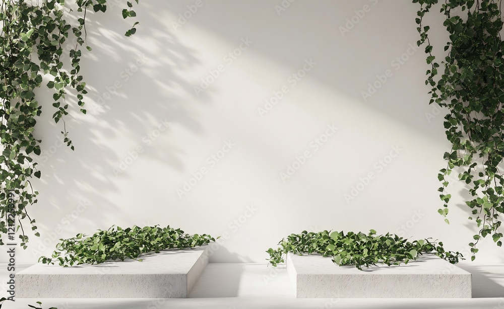 Poster minimalist white podiums with greenery and sunlight, ideal for product display or presentation.