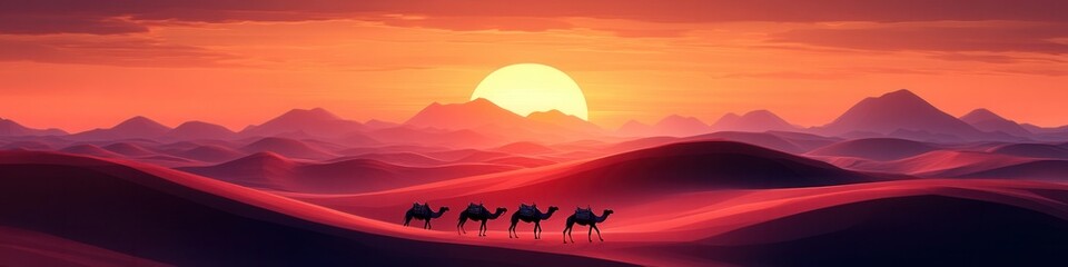 Fototapeta premium Sahara Sunset Serenity, enchanting twilight hues illuminating expansive dunes, camels gracefully traversing the golden sands, a tranquil desert vista