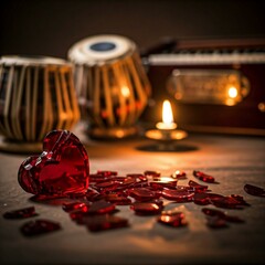 Broken red glass heart with Indian music instruments in background
