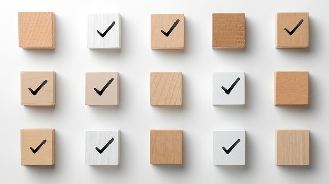 Colorful wooden blocks with checkmarks represent a checklist used for organizing an Indian meeting timetable with clarity and efficiency