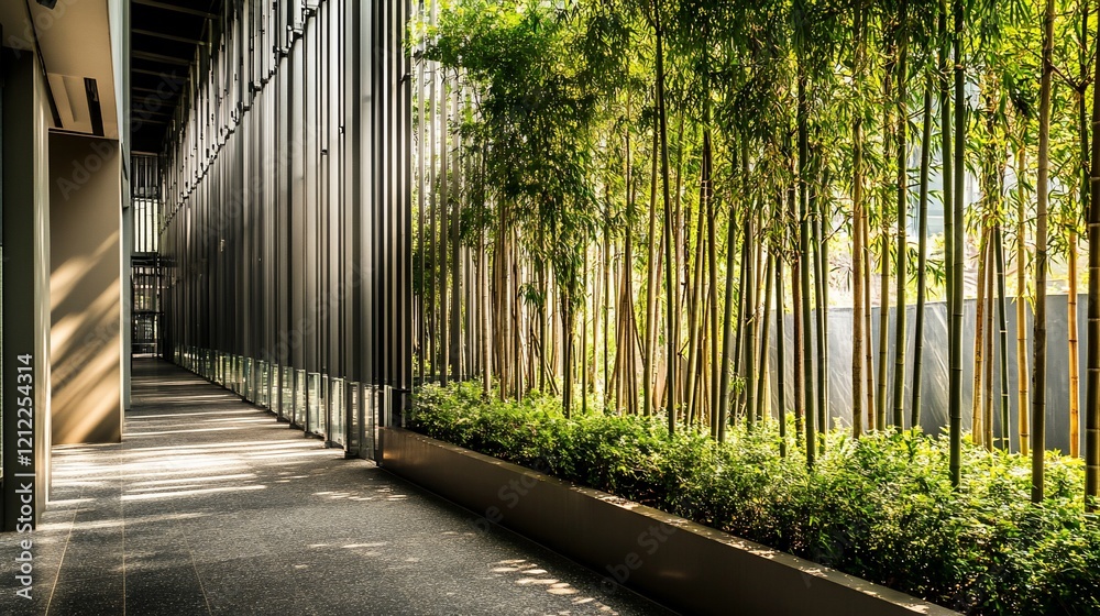 Aufkleber sunlit walkway with bamboo grove and modern architecture.