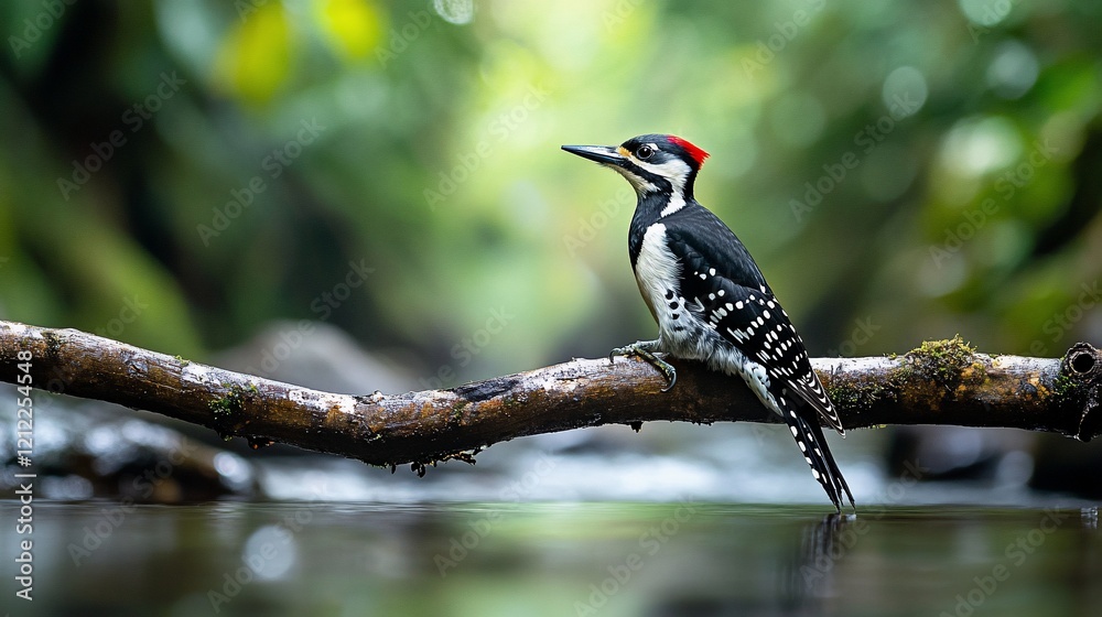 Poster a black and white woodpecker with a red crown perched on a mossy branch above a calm stream in a lus