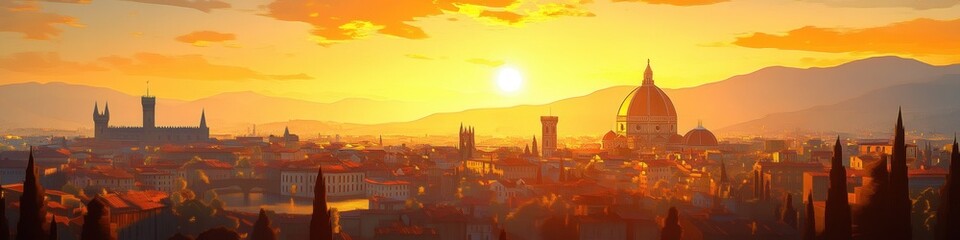 Fototapeta premium Enchanting Florence skyline, Duomo cathedral towering above medieval streets, golden sunset illuminating the city in warm hues