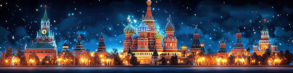 Obraz premium Illuminated Cathedral of Saint Basil at Night, enchanting architecture, vibrant colors, low poly style, captivating urban landscape, Moscow charm