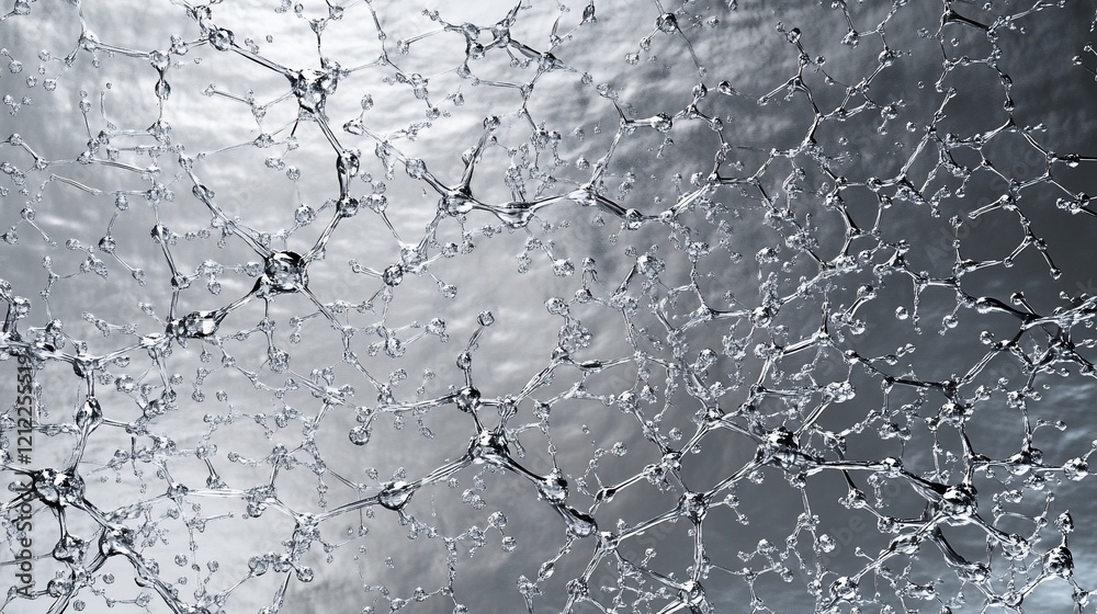 Poster Abstract network of interconnected nodes resembling neurons or synapses on a reflective surface.