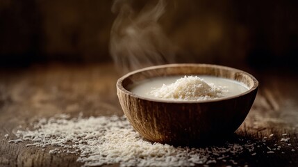 Fototapeta premium A bowl of creamy coconut milk with grated coconut around it, styled on a natural wooden surface with warm, earthy lighting