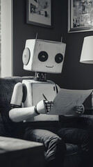 Fototapeta premium A robot that imitates humans in reading books and studying