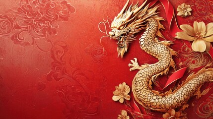 Obraz premium Majestic Golden Dragon Artwork, Celebrating Chinese Culture, Illustration, Rich Red Background, Vibrant Details, Symbol of Prosperity