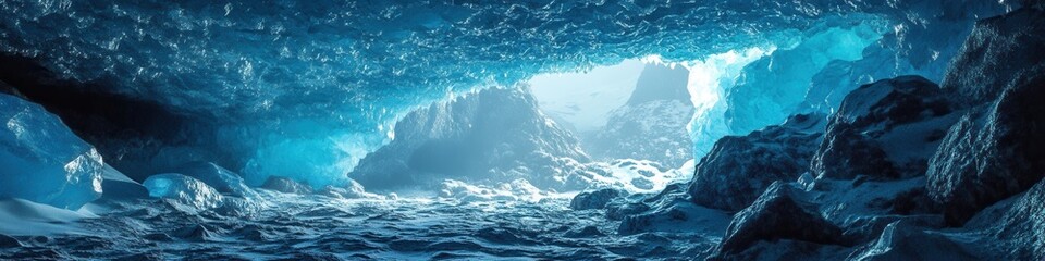 Enchanting Ice Caves in Iceland, stunning blue and white formations, sparkling crystals, captivating low light ambiance