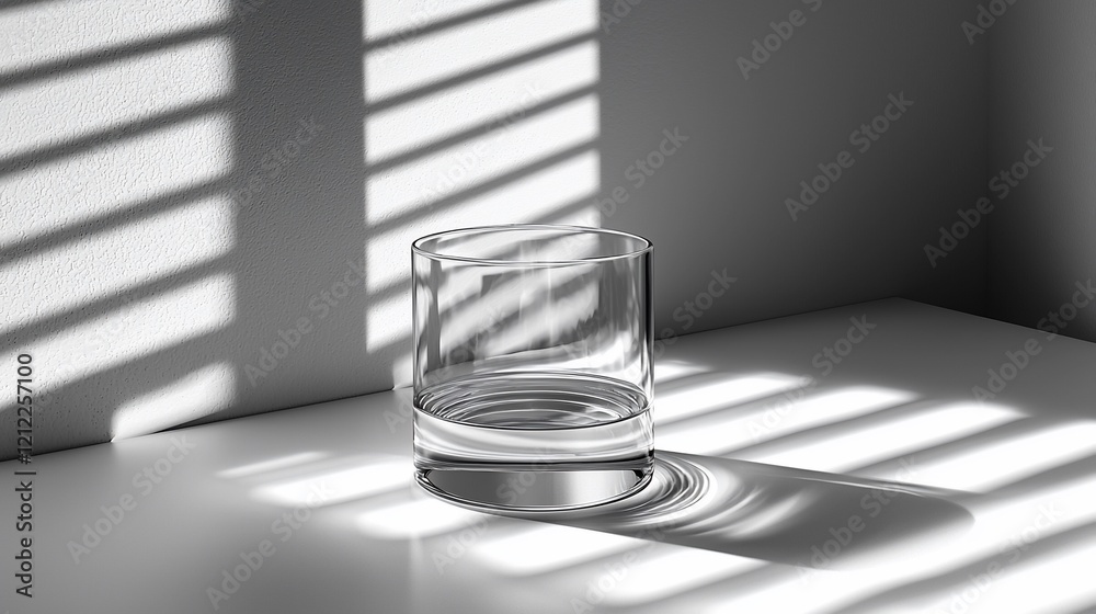 Poster empty glass on white surface with light and shadow.