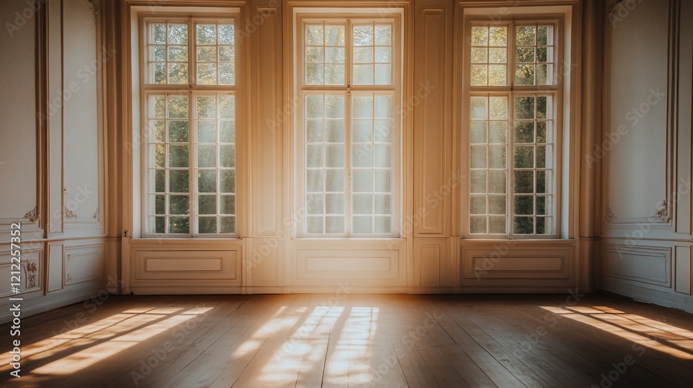 Aufkleber sunlight streams through large windows in an empty, elegant room with hardwood floors and white wall