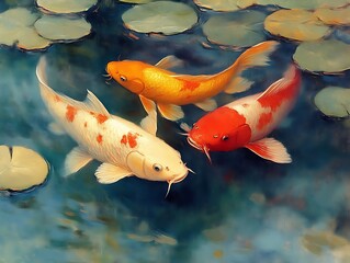 Three Koi fish swimming in a pond.