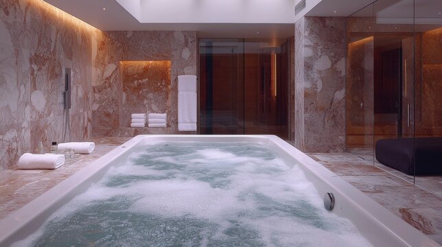 A luxurious bathtub sparkling clean, with soft, aromatic oils floating in the water, creating a soothing and serene environment for unwinding after a busy day.