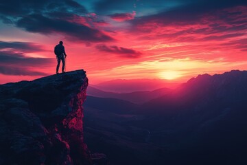 Fototapeta premium Man watches sunrise over mountains