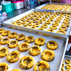 Cookies Making Process, before the baking stage, the cookies is neatly arranged in a baking pan and ready to be baked.
