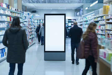 Fototapeta premium Vertical Blank Digital Billboard in an Elegant Pharmacy with Customer Interaction