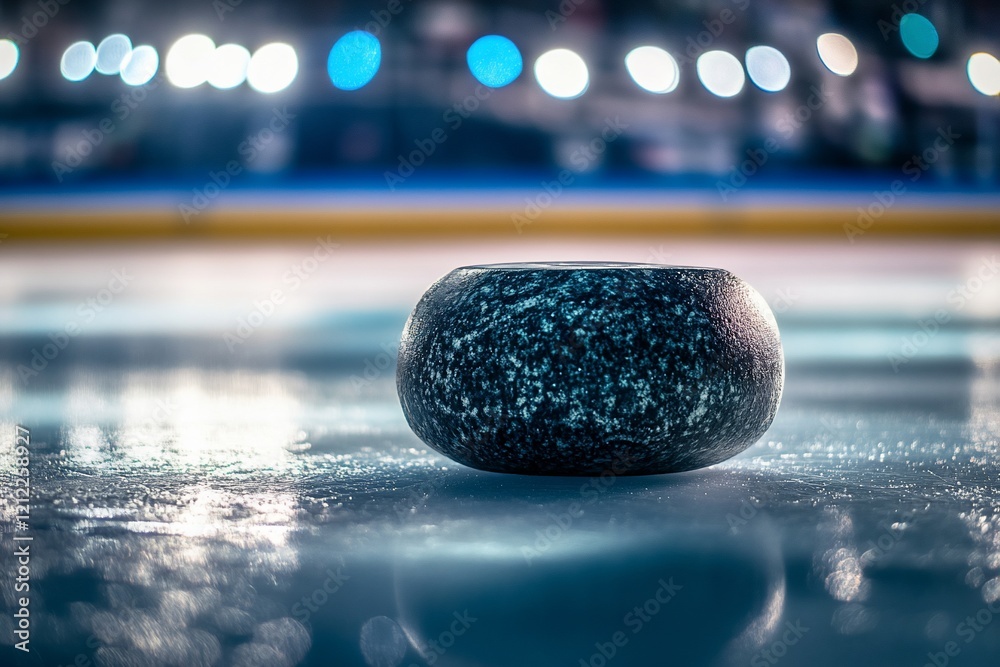 Poster Close-up of a curling stone on ice rink with blurred background of spectators and lights.