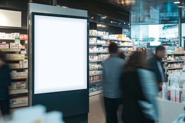 Obraz premium Vertical Blank Digital Billboard in an Elegant Pharmacy with Customer Interaction